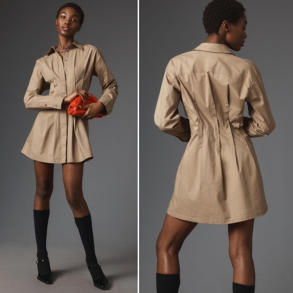 NWT, Anthropologie, Pilcro Pintuck Mini Shirt Dress in Khaki